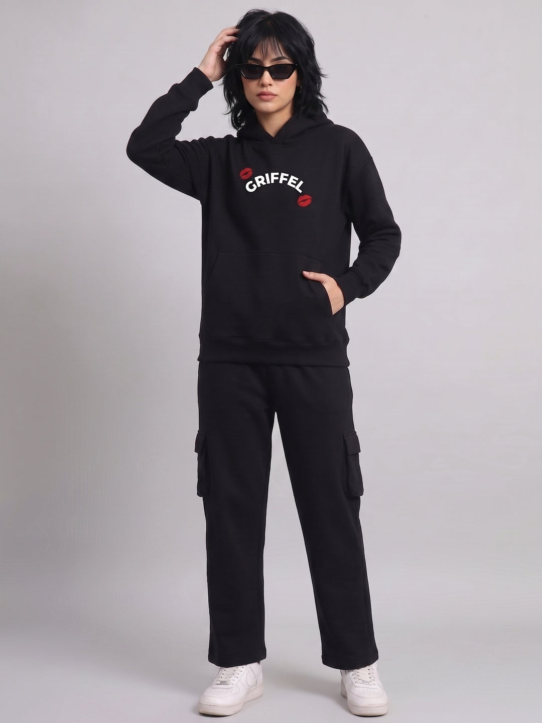 FLIRTING UNIVERSE Oversized Cotton Fleece Black Hoodie For Women