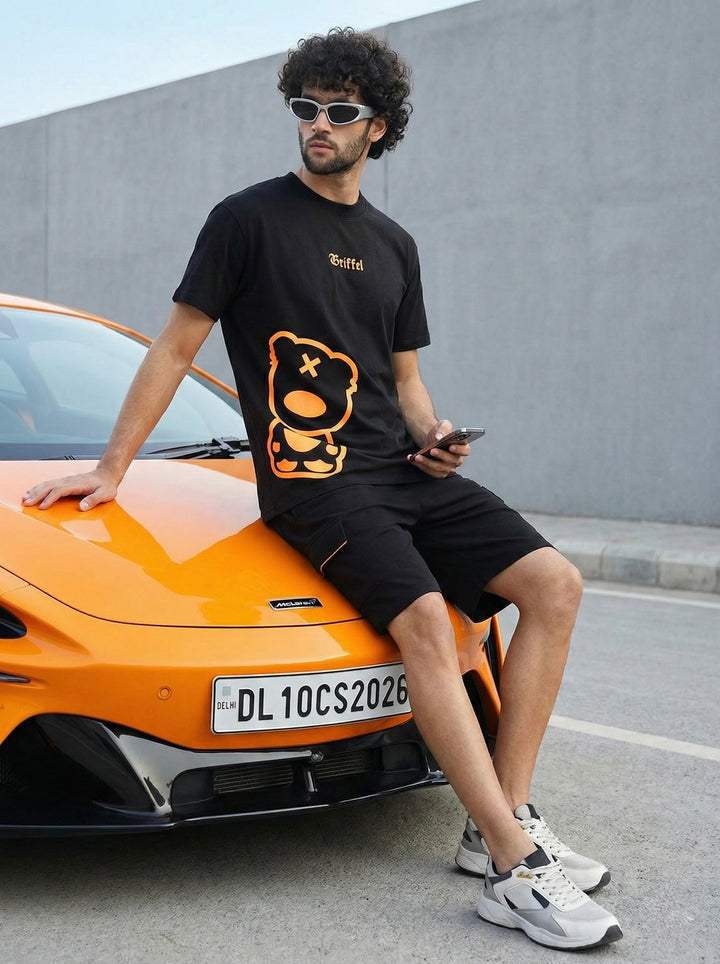 Orange Side teddy oversized T-shirt and Shorts Set 🐻