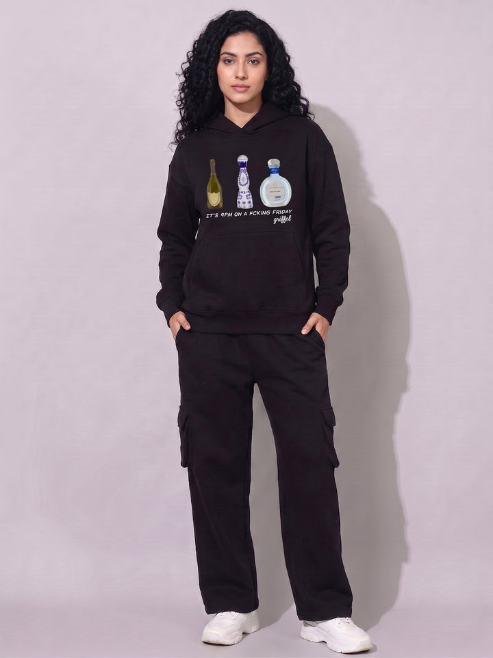 FRIDAY Oversized Cotton Fleece Black Hoodie For Women