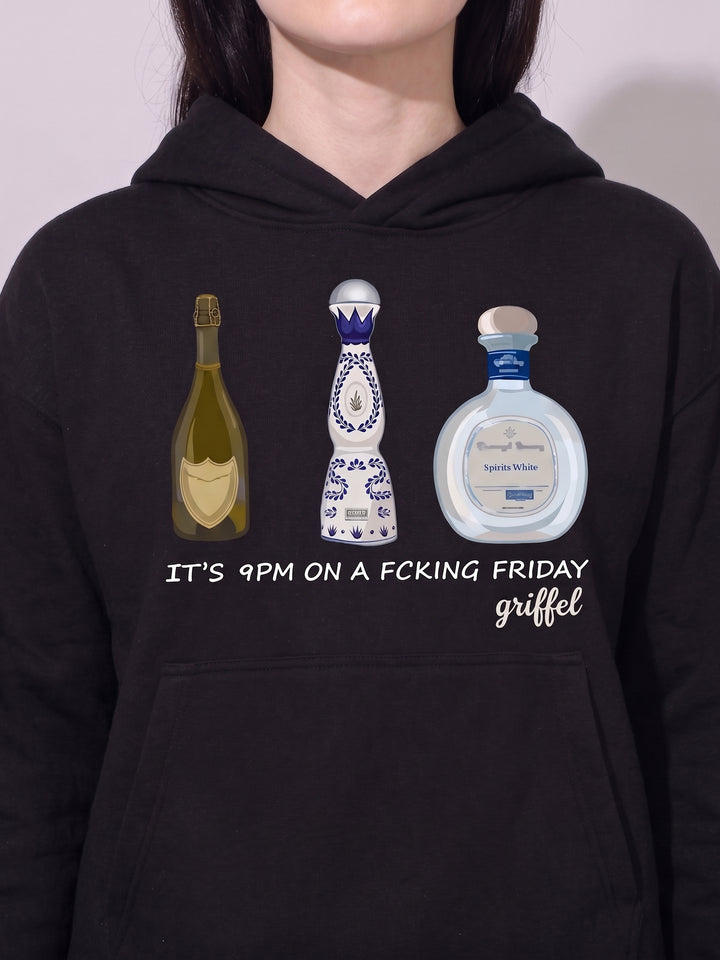 FRIDAY Oversized Cotton Fleece Black Hoodie For Women