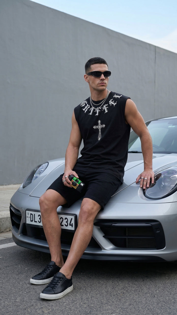 CROSS PLAY Cotton Black Easy Fit Tank ♱