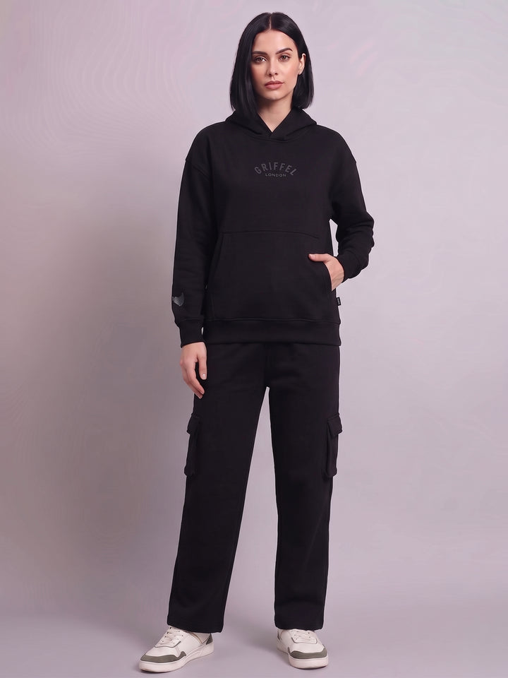 BACK GRIFFEL BLACK Cotton Fleece Oversized Hoodie Tracksuit For Women