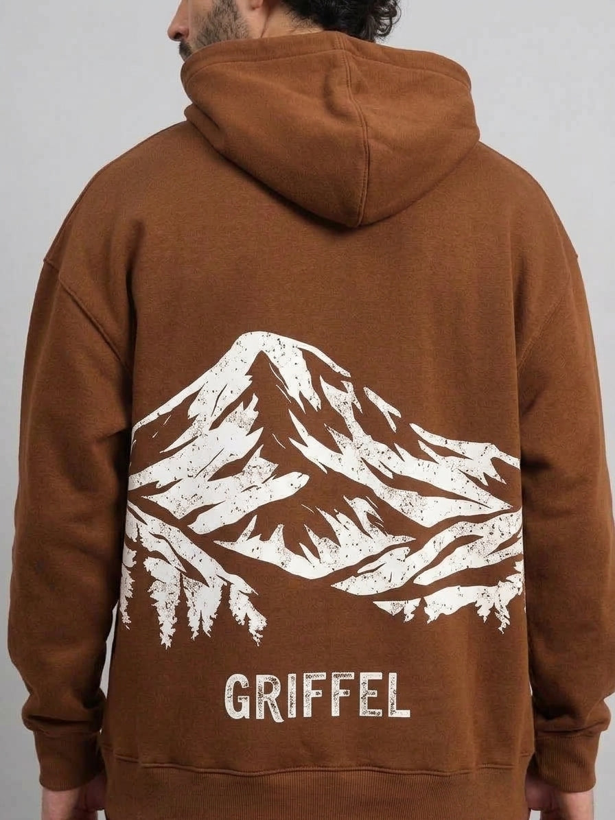 MOUNTAIN Oversized cotton Fleece Brown Hoodie For Men