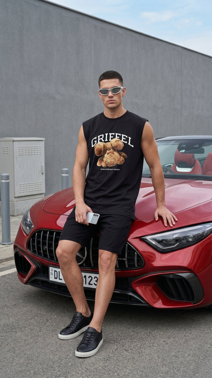 FLIPPED BEAR Cotton Black Easy Fit Tank 🧸