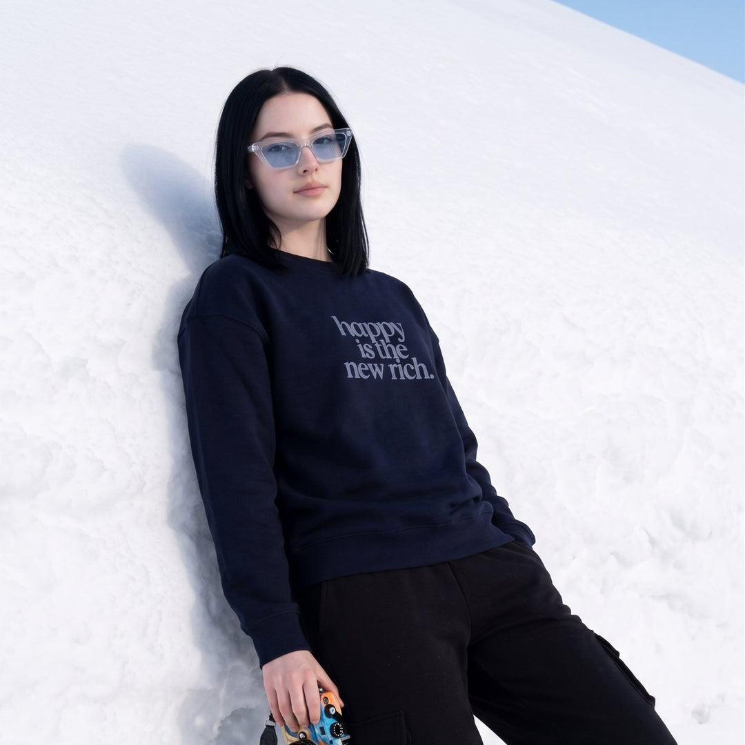 HAPPY RICH Cotton Fleece Oversized Round Neck Navy Sweatshirt For Women