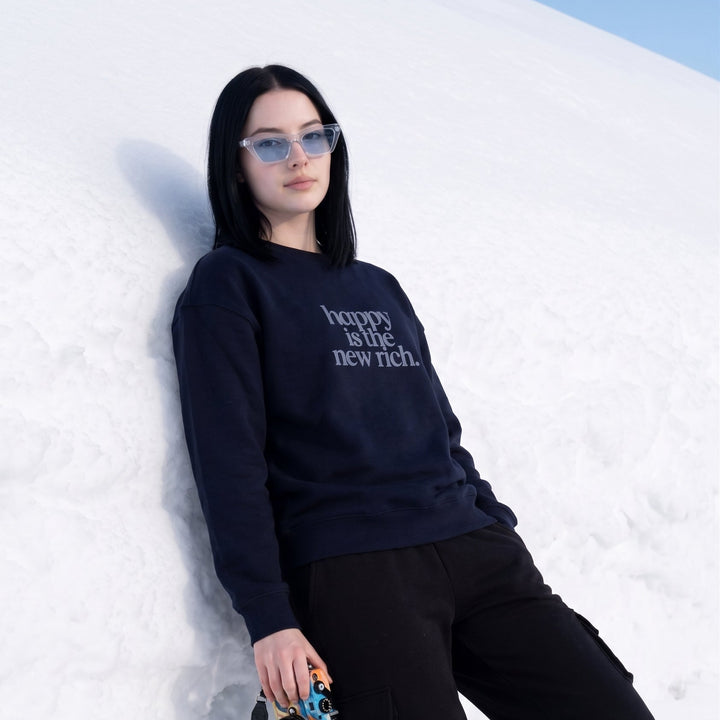 HAPPY RICH Cotton Fleece Oversized Round Neck Navy Sweatshirt For Women
