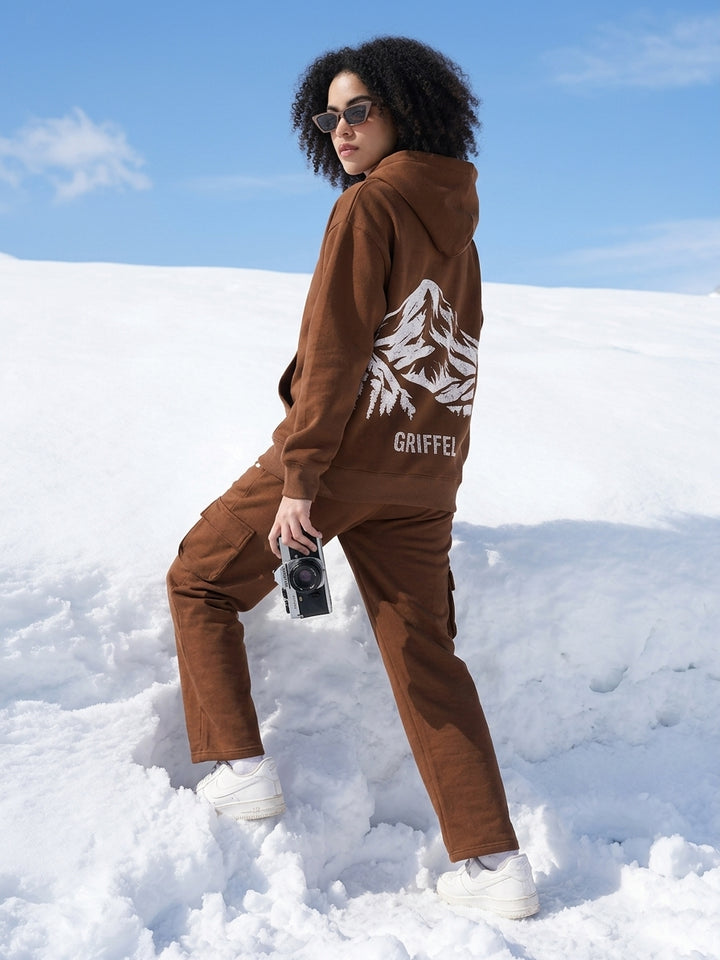 MOUNTAIN Oversized Cotton Fleece BROWN Hoodie For Women