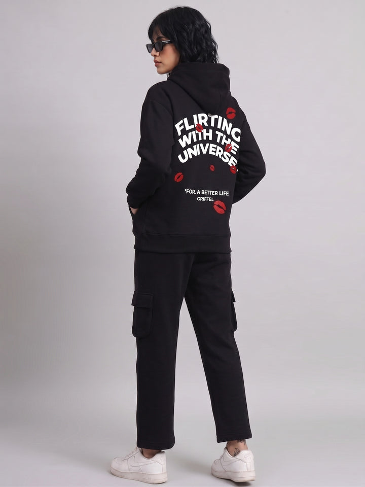 FLIRTING UNIVERSE BLACK Cotton Fleece Oversized Hoodie Tracksuit For Women