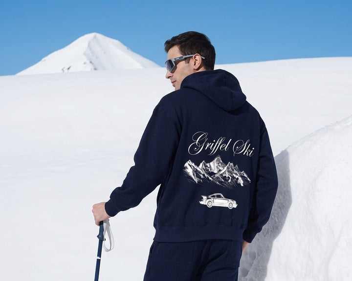 GRIFFEL SKI Oversized cotton Fleece Navy Hoodie For Men