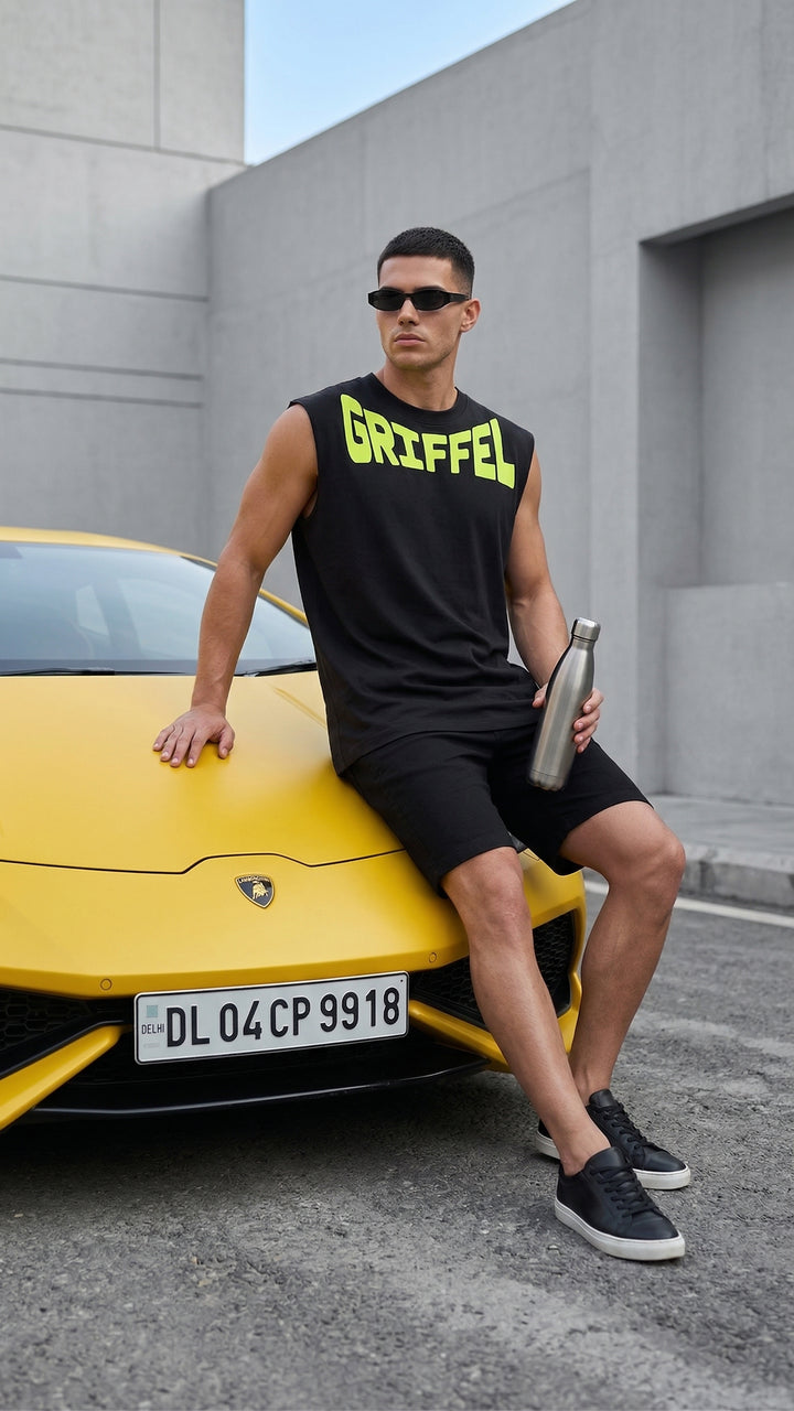 GRIFFEL GLOW Cotton Black Easy Fit Tank 🌟