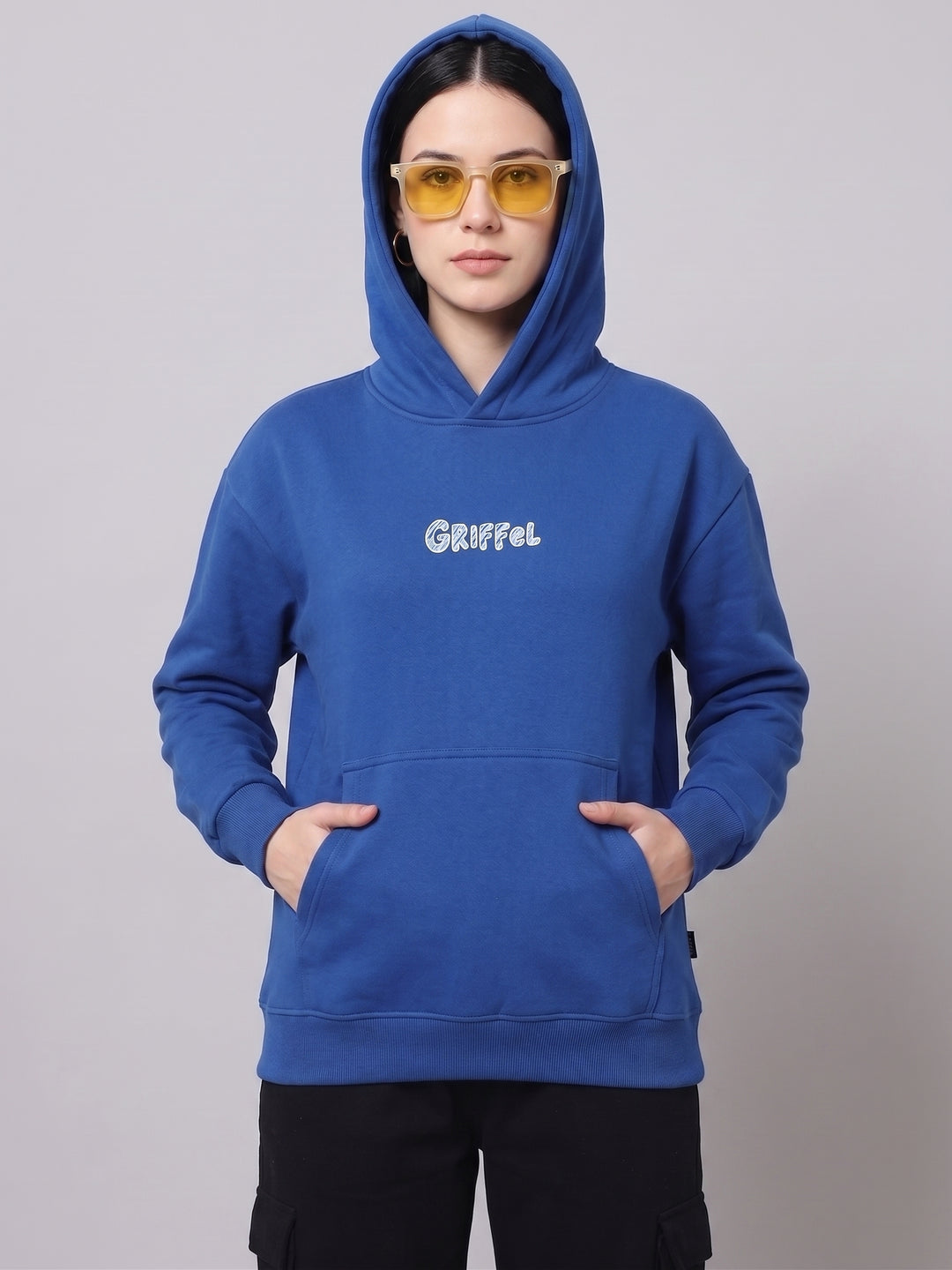 DOODLE Cotton Fleece Oversized Hooded Neck Royal Blue Tracksuit For Women
