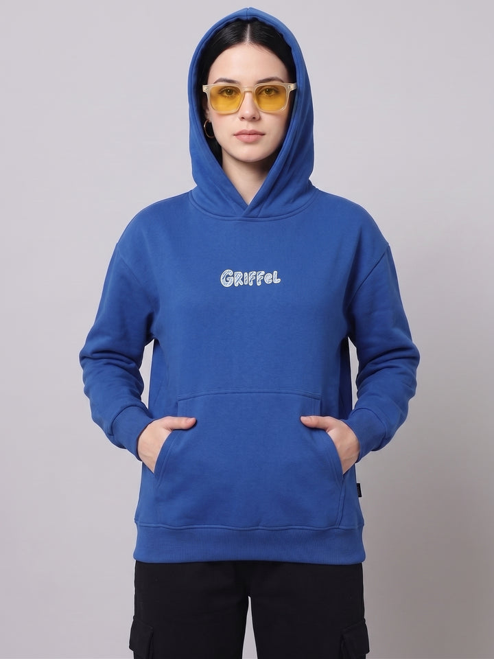 DOODLE Cotton Fleece Oversized Hooded Neck Royal Blue Tracksuit For Women