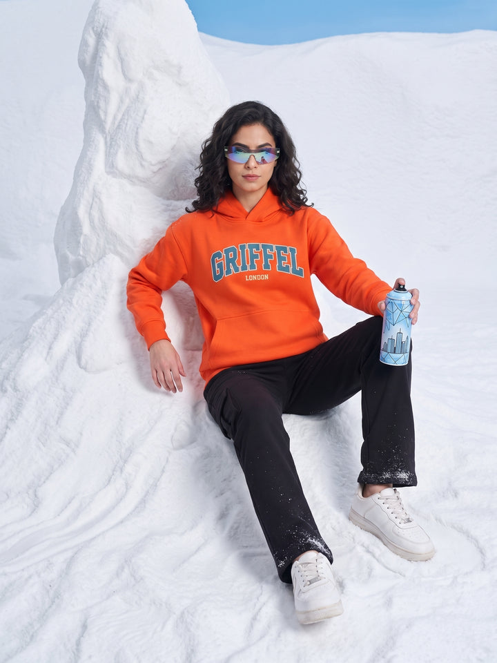 CAMPUS Oversized Cotton Fleece Orange Hoodie For Women