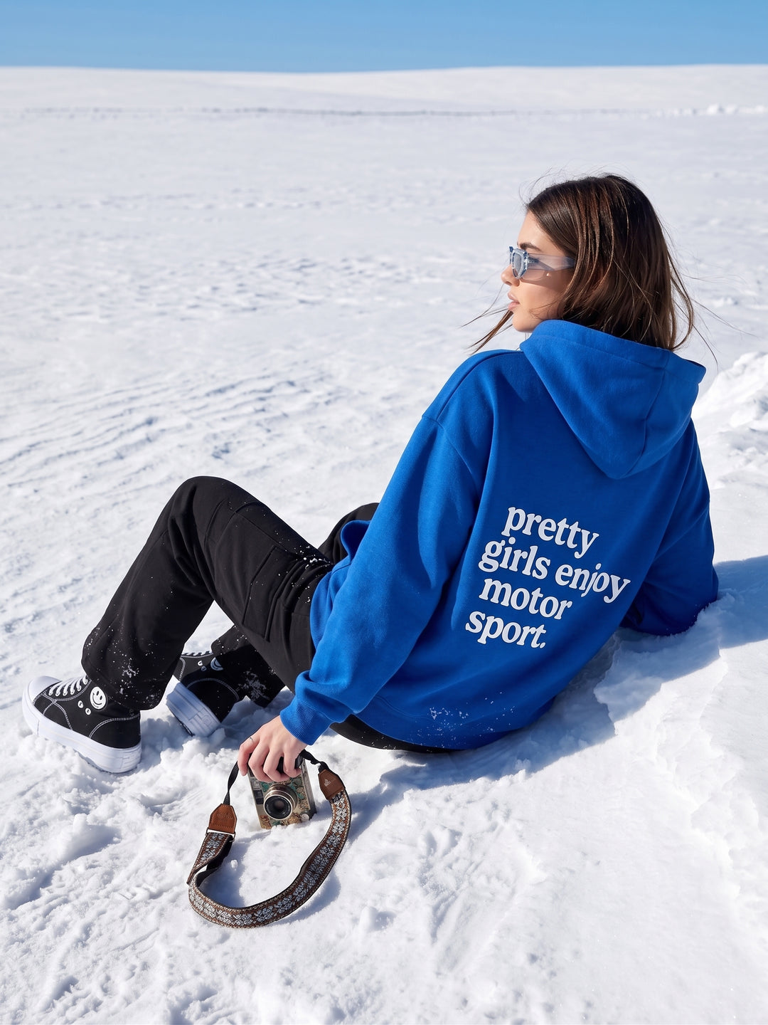 PRETTY GIRLS ENJOY MOTOR SPORT Oversized Cotton Fleece Royal blue Hoodie
