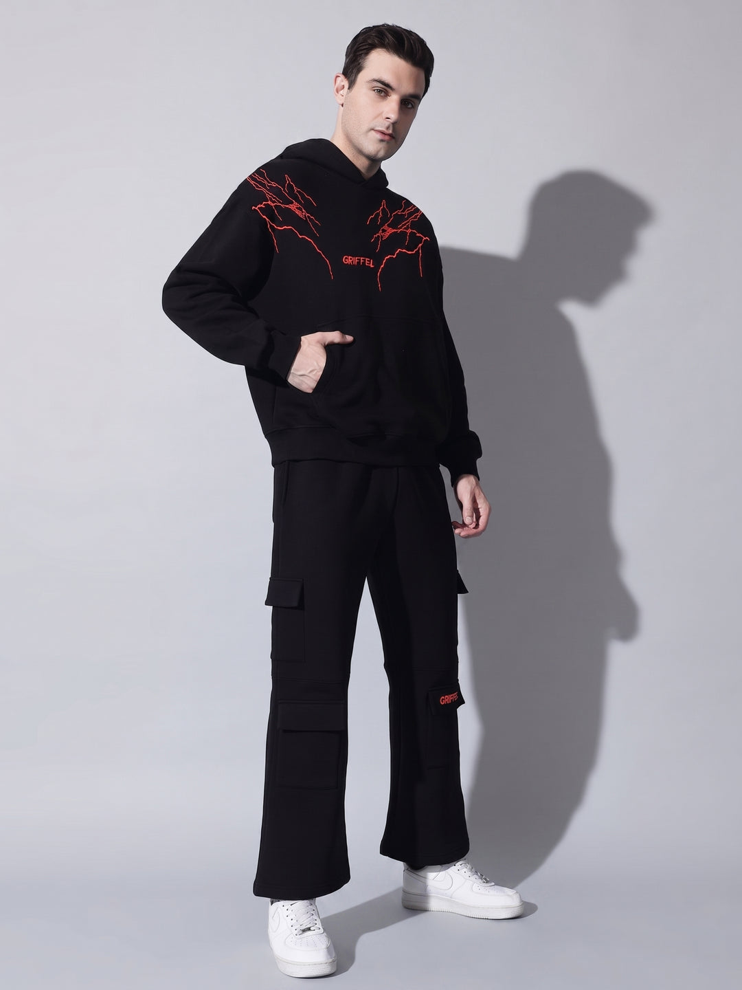 Thunder Red Oversized cotton Fleece Black Hoodie