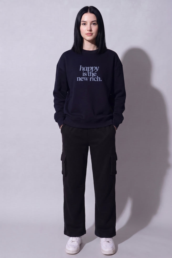 HAPPY RICH Cotton Fleece Oversized Round Neck Navy Sweatshirt For Women