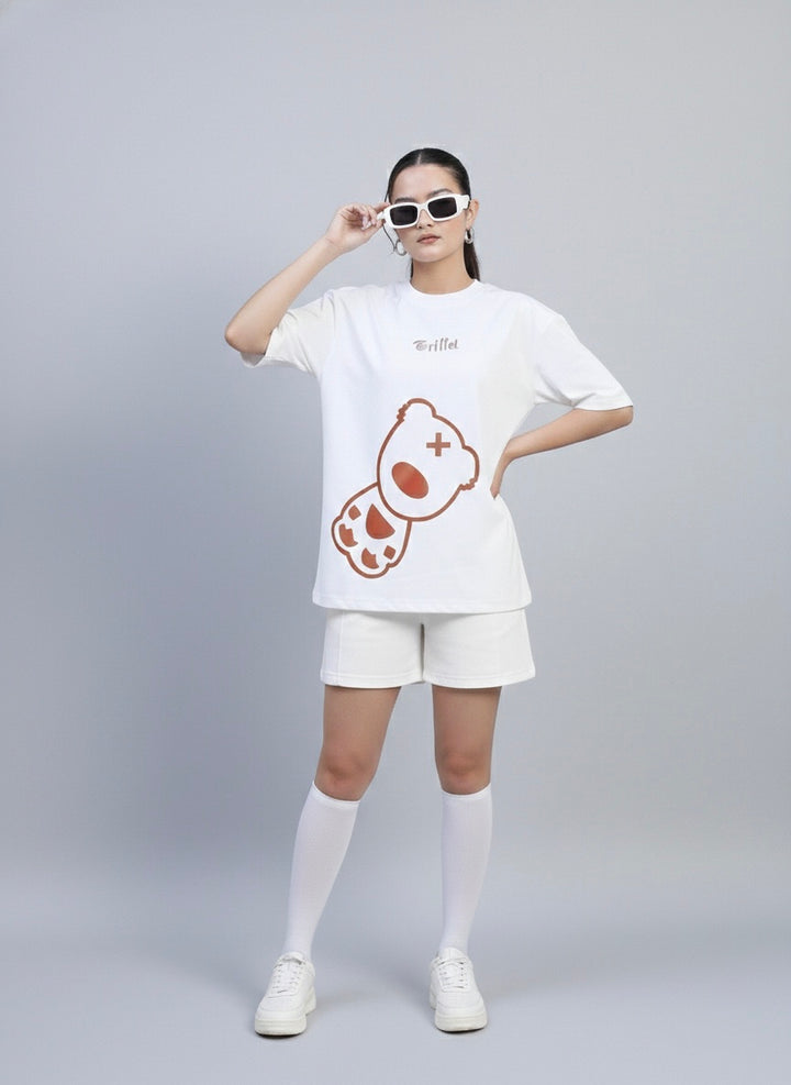 White Love Side Teddy Oversized T-shirt Combo 🧸