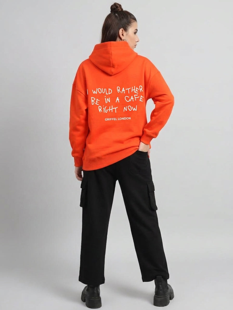 I WOULD RATHER BE IN A CAFE RIGHT NOW Cotton Fleece Oversized Orange Hoodie Tracksuit For Women