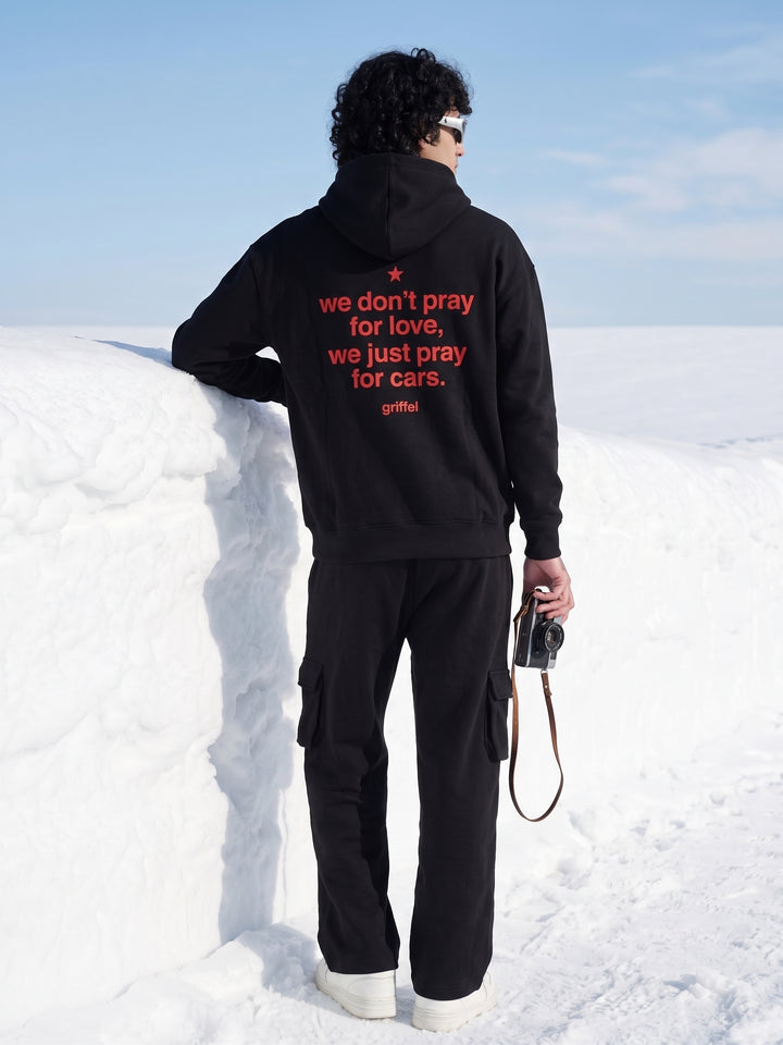 Pray For Cars Oversized cotton Fleece Black Hoodie