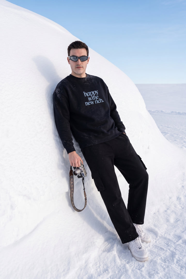 Happy Is The New Rich Navy Oversized cotton Fleece Sweatshirt