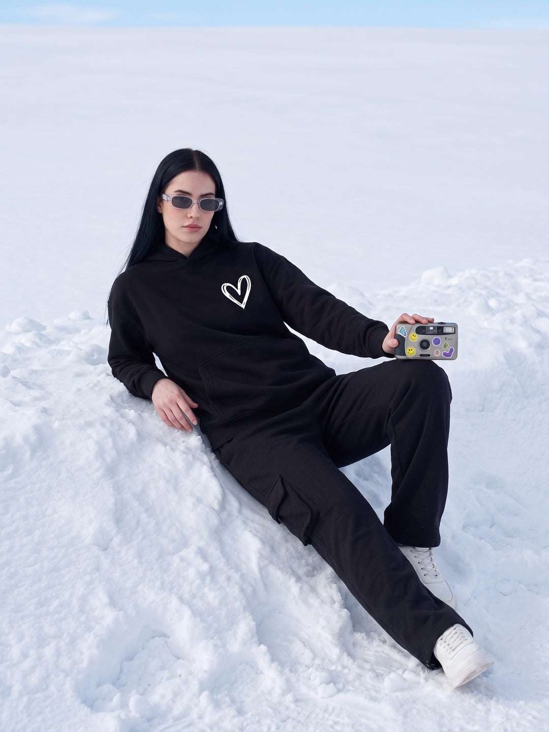 LITTLE HEART  BLACK Cotton Fleece Oversized Hoodie Tracksuit For Women