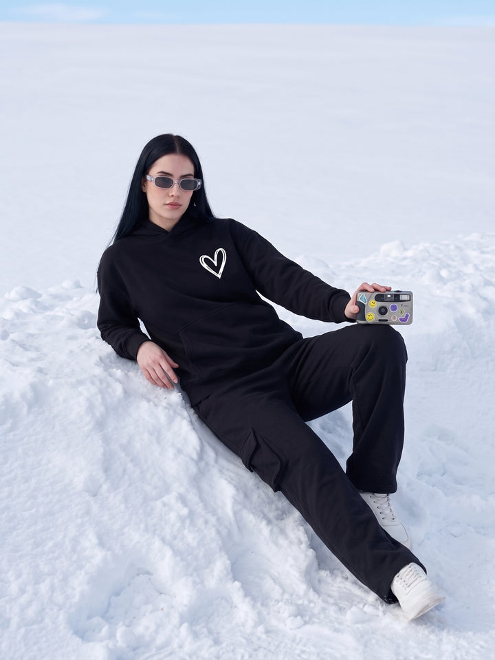 LITTLE HEART  BLACK Cotton Fleece Oversized Hoodie Tracksuit For Women