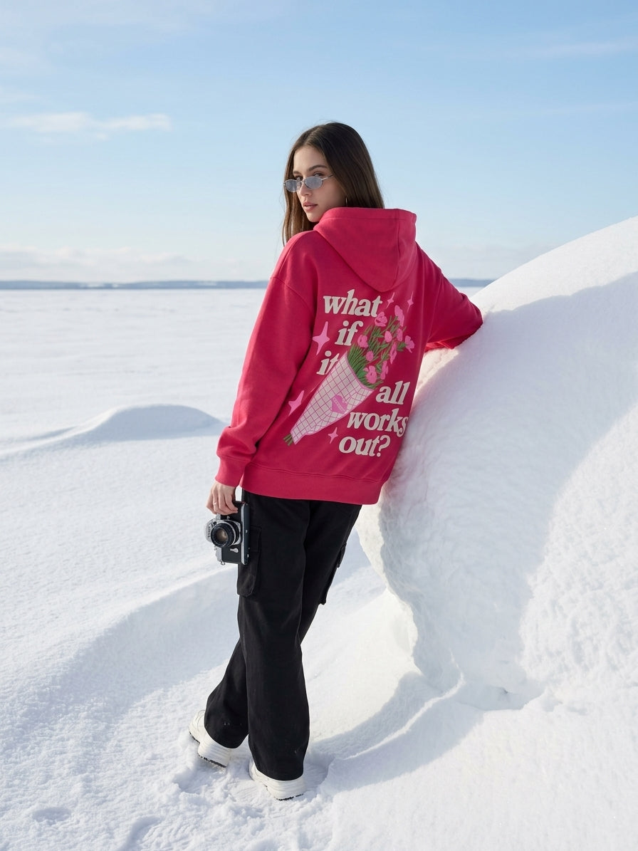 WHAT IF PINK Oversized Cotton Fleece Pink Hoodie Women