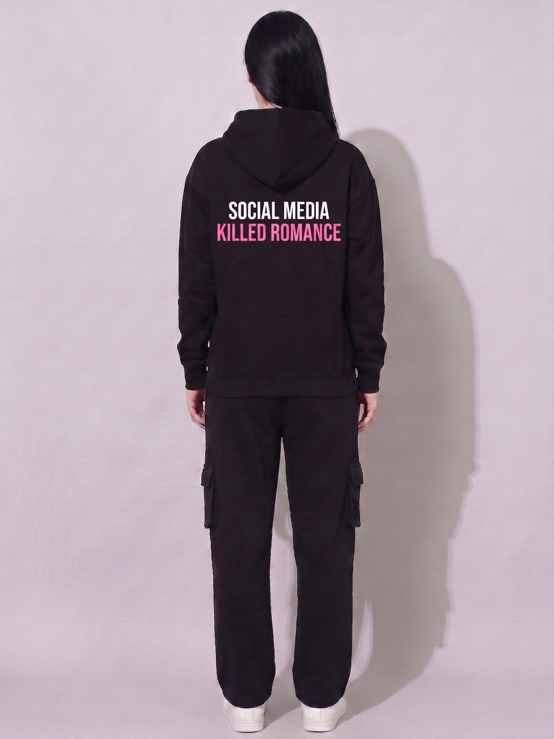Social Media Killed Romance Oversized Cotton Fleece Black Hoodie