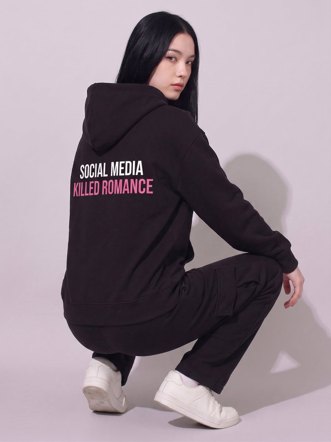 Social Media Killed Romance Oversized Cotton Fleece Black Hoodie