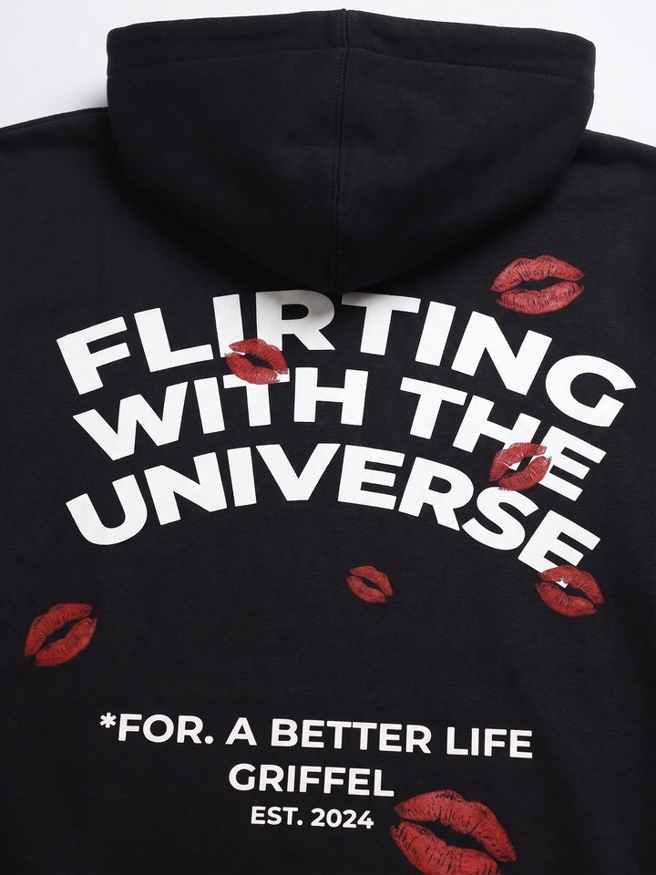 FLIRTING UNIVERSE BLACK Cotton Fleece Oversized Hoodie Tracksuit For Women
