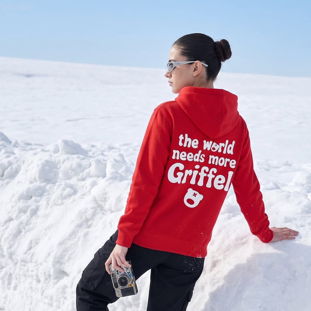 THE WORLD NEEDS MORE GRIFFEL Oversized Cotton Fleece Red Hoodie For Women