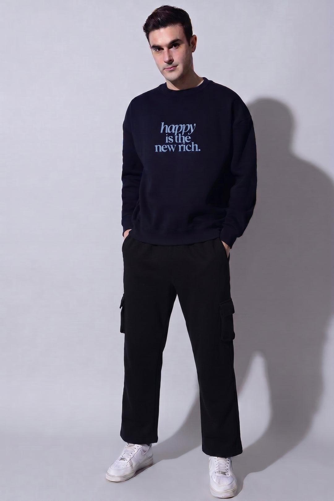Happy Is The New Rich Navy Oversized cotton Fleece Sweatshirt