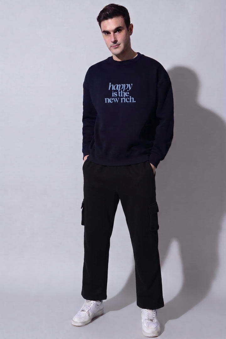 Happy Is The New Rich Navy Oversized cotton Fleece Sweatshirt