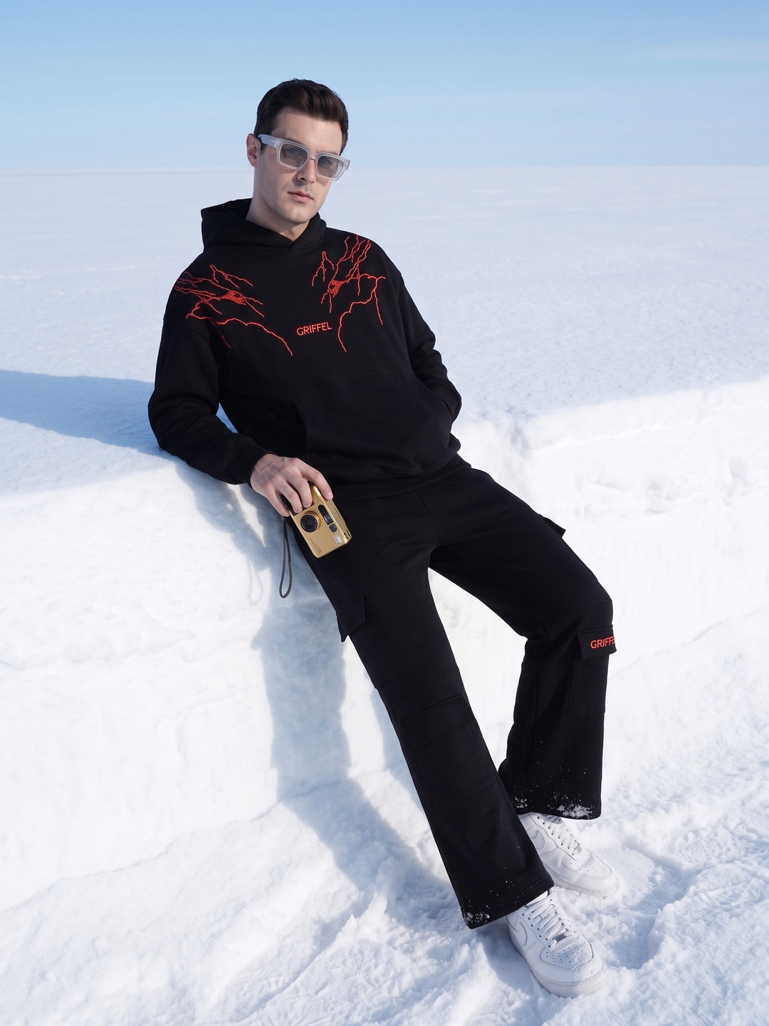 Thunder Red Oversized cotton Fleece Black Hoodie