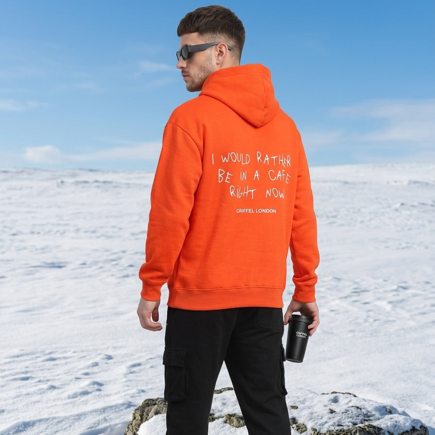 I would Rather Cafe Oversized cotton Fleece Orange Hoodie For Men