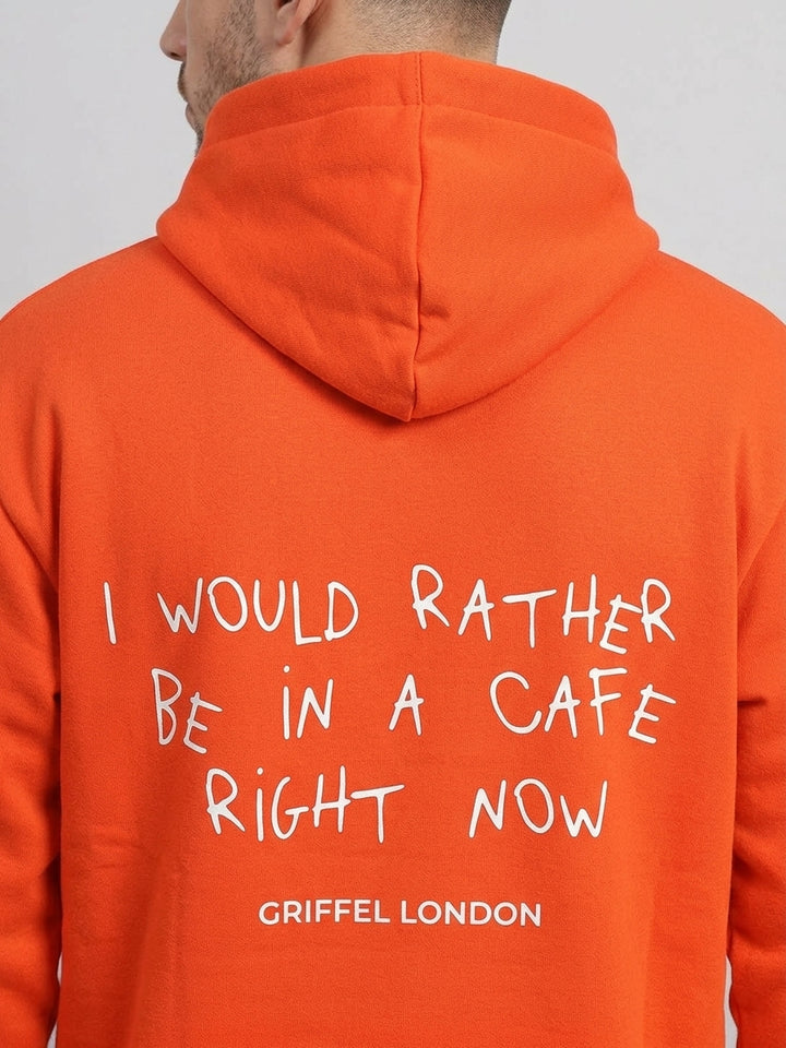 I would Rather Cafe Oversized cotton Fleece Orange Hoodie For Men