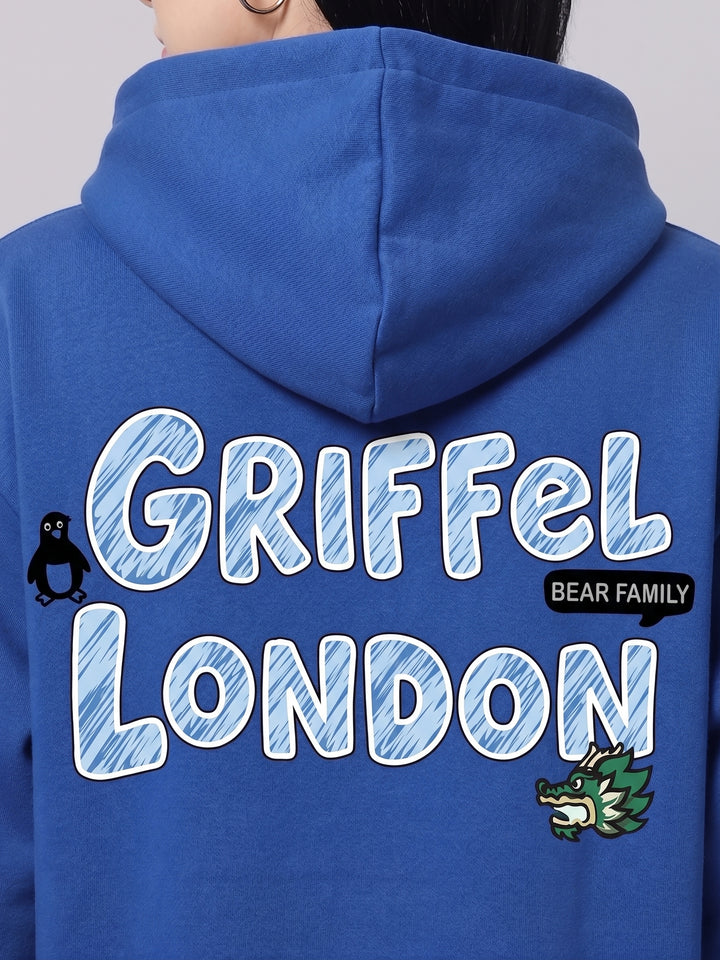 DOODLE Cotton Fleece Oversized Round Neck Royal Blue Sweatshirt For Women