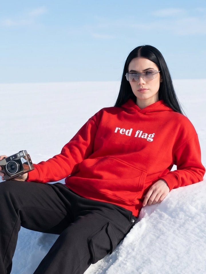 RED FLAG Oversized Cotton Fleece Red Hoodie 🚩