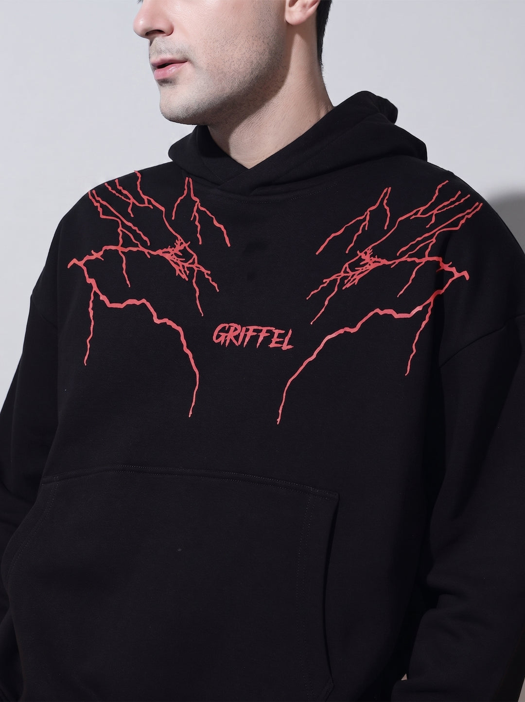 Thunder Red Oversized cotton Fleece Black Hoodie