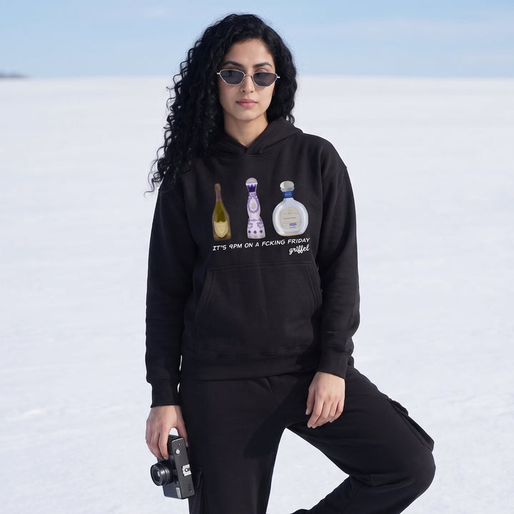 FRIDAY Oversized Cotton Fleece Black Hoodie For Women