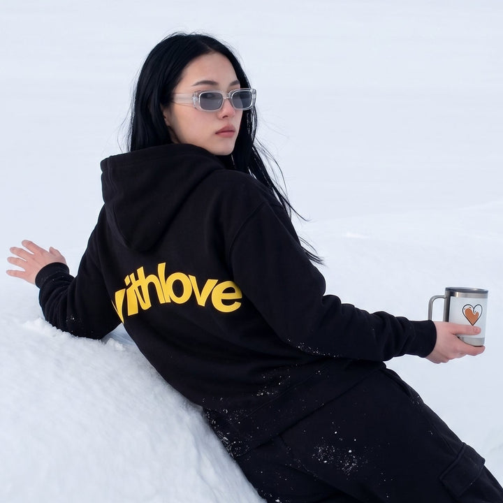 WITH LOVE Oversized Cotton Fleece Black Hoodie For Women 💛