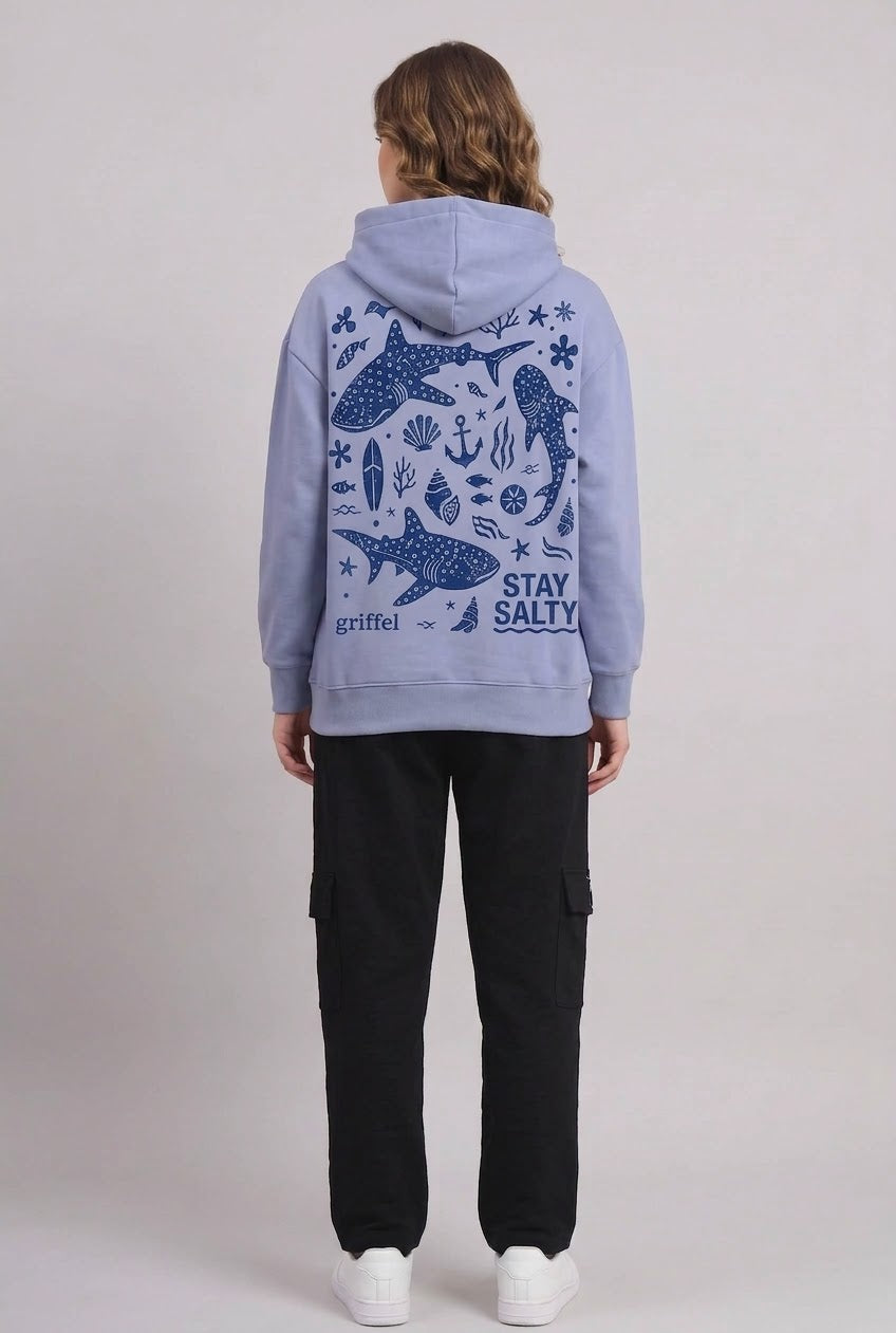 STAY SALTY Oversized Cotton Fleece Sky blue Hoodie For Women