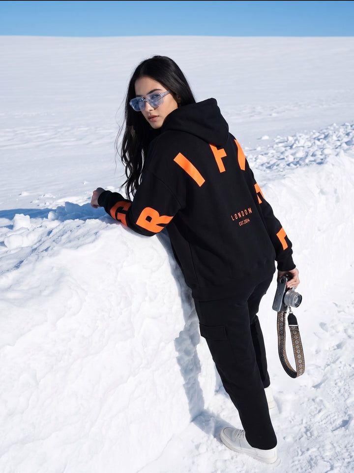 Back Griffel Orange Oversized Cotton Fleece Black Hoodie