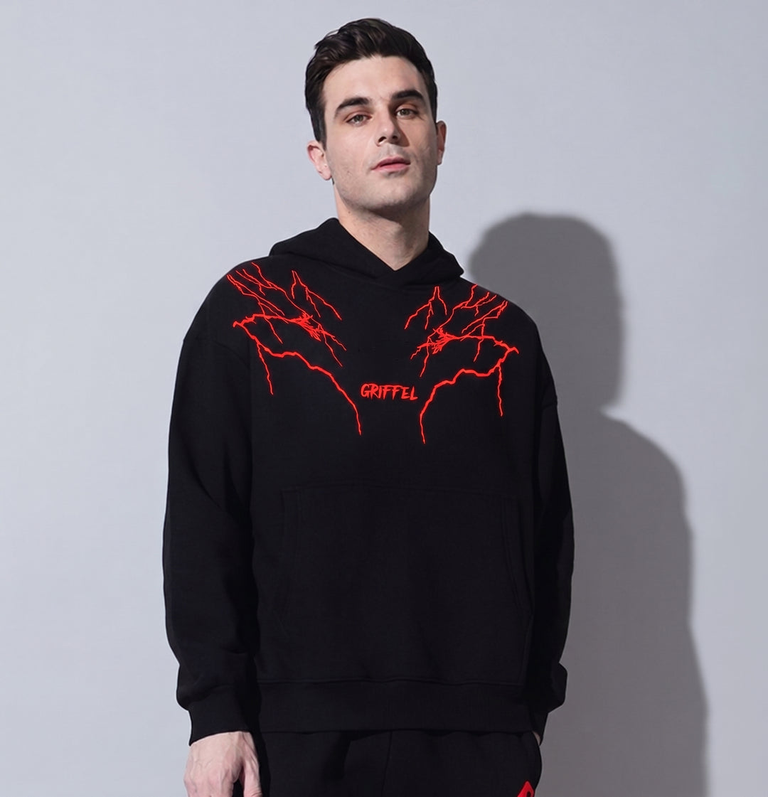 Thunder Red Oversized cotton Fleece Black Hoodie