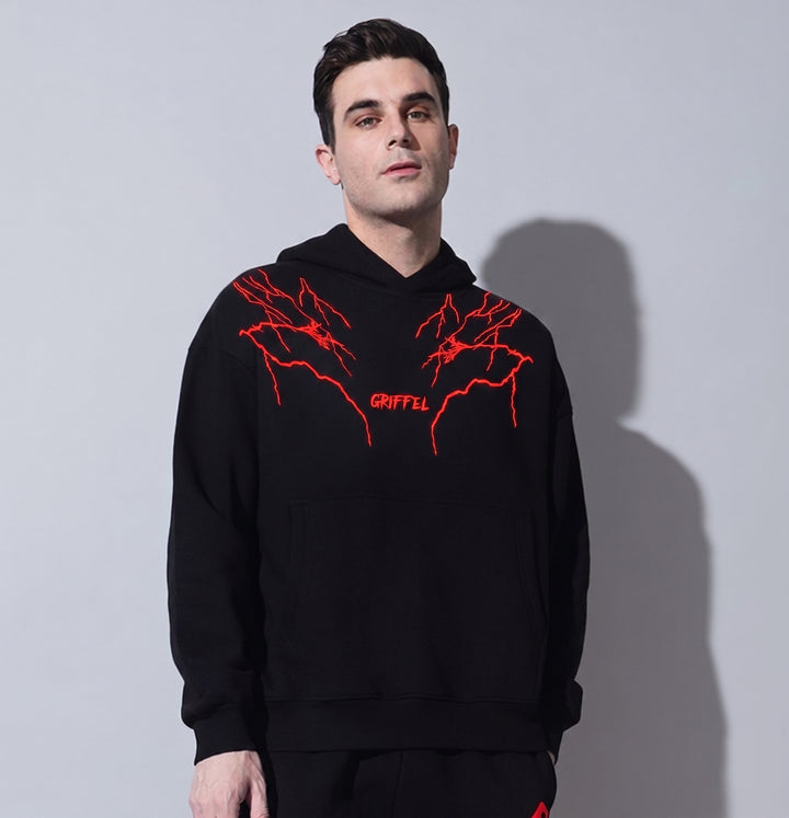 Thunder Red Oversized cotton Fleece Black Hoodie