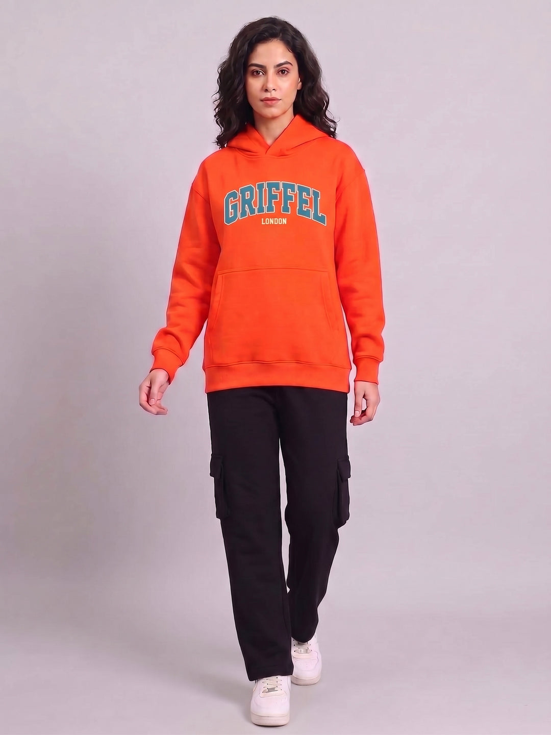 CAMPUS Oversized Cotton Fleece Orange Hoodie For Women