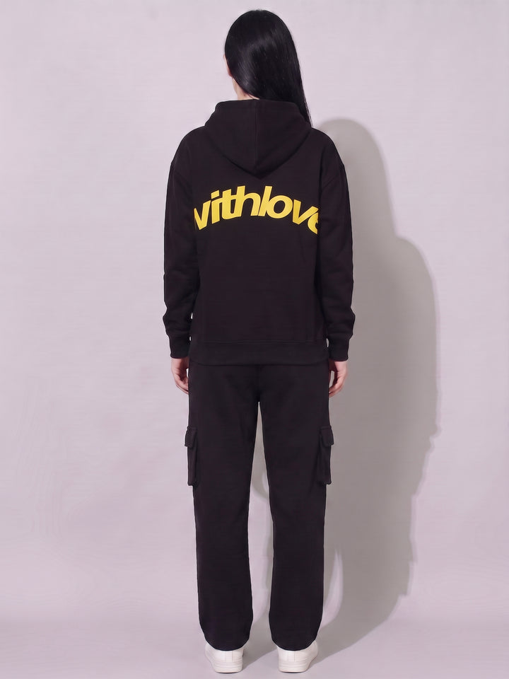 WITH LOVE Oversized Cotton Fleece Black Hoodie For Women 💛