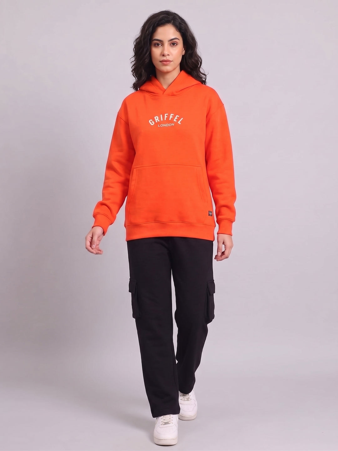 WHITE BACK GRIFFEL Oversized Cotton Fleece Orange Hoodie For Women
