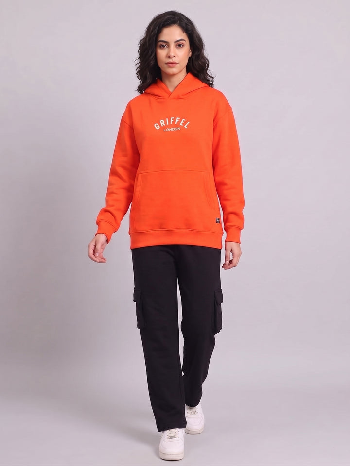 WHITE BACK GRIFFEL Oversized Cotton Fleece Orange Hoodie For Women