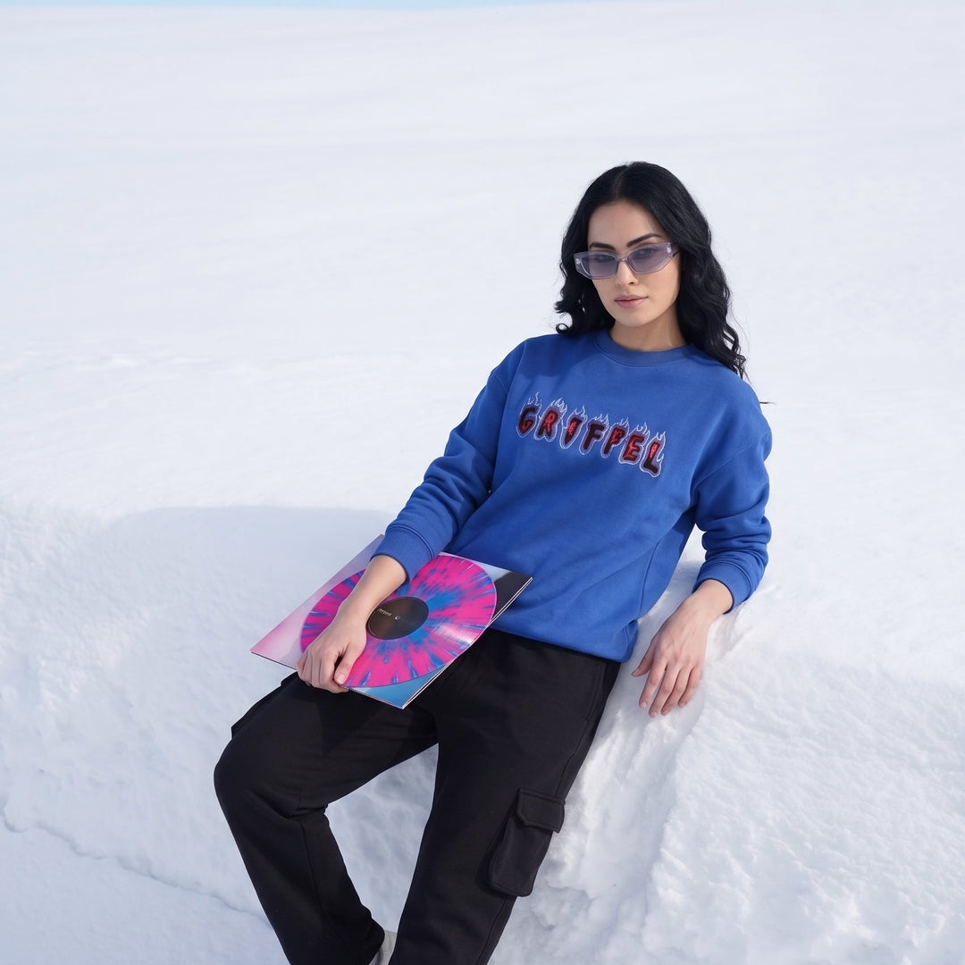 COLD BURN Cotton Fleece Oversized Round Neck Royal Blue Sweatshirt For Women